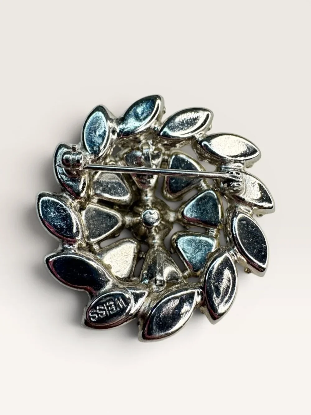 Weiss Mid Century Crystal Rhinestone Brooch Silver Tone Multi Cut Floral Vintage